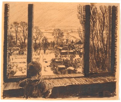 Un ragazzo alla finestra con vista sul giardino e sul campo da Niels Skovgaard