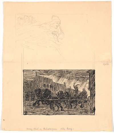 To illustrationsudkast til Sønderjyske Folkesagn, v. F.Ohrt. F.o. Hvor I mindst venter det og f.n. Kong Abel og rebslagerne da Niels Skovgaard