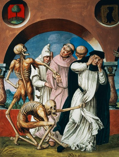 Morte con monaci, dettaglio di Morte, monaci e badessa dal ciclo Danza della Morte di Albrecht Kauw da Niklaus Manuel