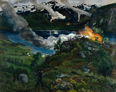 Fuoco di mezza estate presso il lago Jølster da Nikolai Astrup