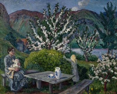 Madre e figlio al tavolo del giardino da Nikolai Astrup