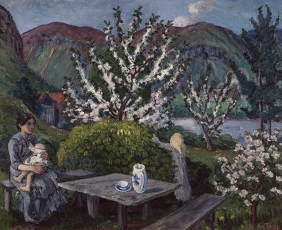 Madre e figlio al tavolo del giardino da Nikolai Astrup