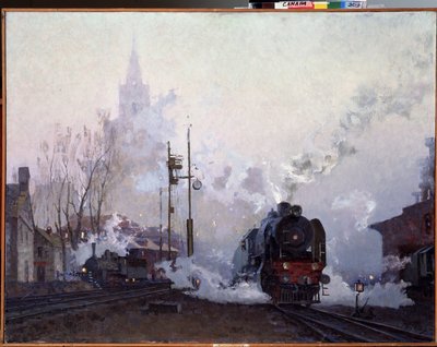Sulla strada. Le locomotive a vapore sommergono il paesaggio urbano nel fumo dei loro camini. Dipinto di Nikolai Dmitryevich Kuznetsov, olio su tela da Nikolai Dmitrievich Kuznetsov