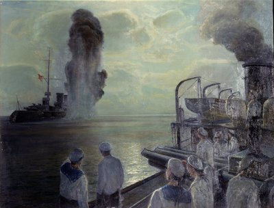 Rivoluzione russa del 1917: la flotta del Mar Nero russo affonda le proprie navi il 18 giugno 1918. Dipinto di Nikolai Eviampievich Bublikov, olio su tela da Nikolai Evlampievich Bublikov