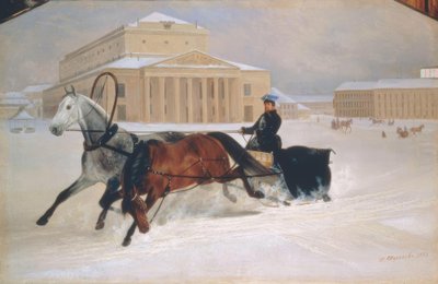 Slitta trainata da cavalli davanti al Teatro Bolshoi a Mosca da Nikolai Jegorowitsch Swertschkow