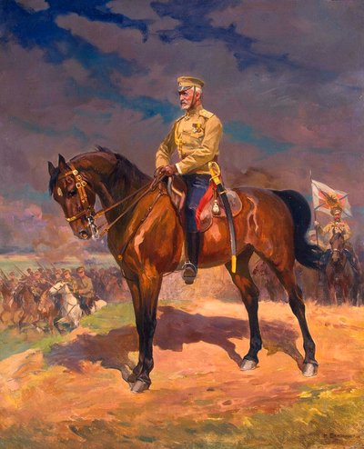 Ritratto del Granduca Nikolai Nikolayevich 1856-1929 a cavallo, anni 1910 da Nikolai Semyonovich Samokish