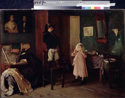 La marsina del nonno. Scena di vita familiare, i bambini si divertono a travestirsi con vecchi vestiti, che la loro tata tira fuori da un grande baule. Peinture de Nikolai Yakovlevich Gribkov (metà 19° secolo), olio su tela da Nikolai Yakovlevich Gribkov