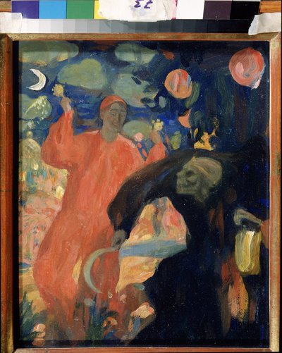 In memoria di Nikolai Sapunov (1880-1912). La morte personificata si curva e fugge davanti a una figura sorridente della vita, agitando delle maracas. Opera di Nikolai Dimitrievich Millioti (1874-1962), olio su cartone da Nikolaj Nikolaevic Sapunov