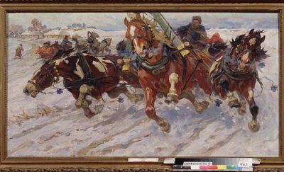Troika (slitta con tre cavalli). Dipinto di Nikolai Semyonovich Samokish, olio su tela da Nikolay Semenovich Samokish