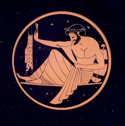 GR.1-1927 Coppa a figure rosse attiche, raffigurante un banchettante con corno da bere, 520-510 a.C. da Nikosthenes