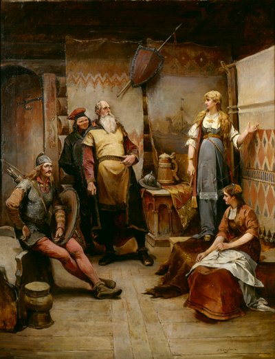 Un messaggero di corte del vichingo Harald Harfagre a Gyda da Nils Bergslien