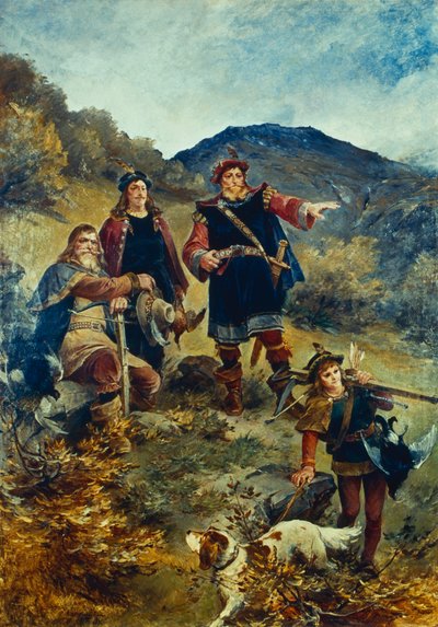 Olav Kyrre indica la città di Bergen da Nils Bergslien