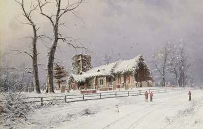 Scena invernale con figure su un sentiero vicino a una chiesa da Nils Hans Christiansen