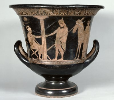 Cratere a calice a figure rosse attico raffigurante un oplita che ritorna dalla guerra da Niobid Painter