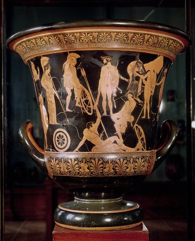 Cratere a calice a figure rosse attiche raffigurante Ercole con una corona di alloro con Atena e altri eroi greci, c.450 a.C. (ceramica) da Niobid Painter