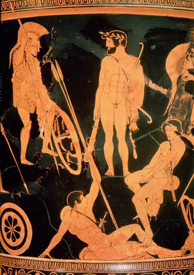 Eracle e eroi greci, dettaglio da un calice attico a figure rosse, c.490 a.C. da Niobid Painter