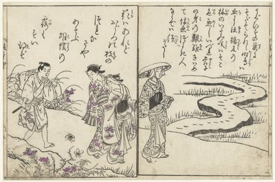 Passeggiatori in un paesaggio con fiori da Nishikawa Sukenobu (attributed to)
