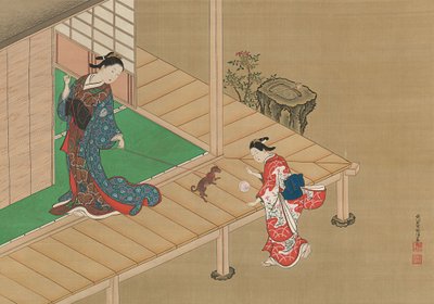 Cortigiana e assistente che giocano con un cane, ca. 1716-1736 da Nishikawa Sukenobu