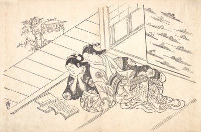 Due donne sdraiate sul pavimento di una stanza che leggono un libro da Nishikawa Sukenobu