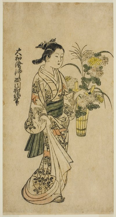 Giovane ragazza che porta una composizione floreale da Nishikawa Sukenobu