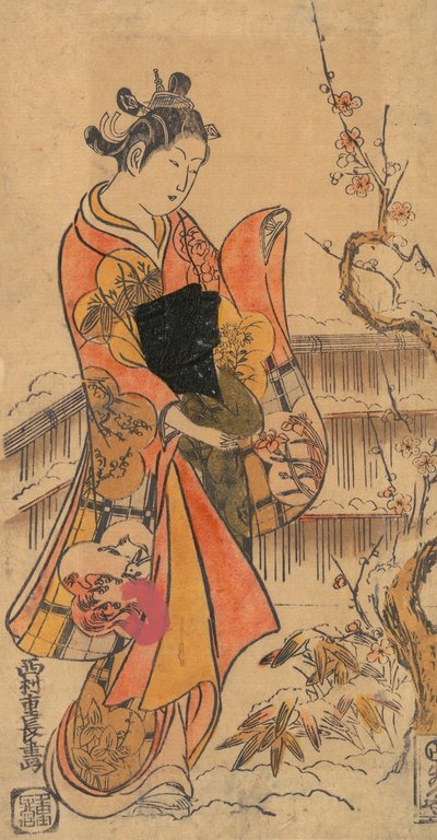Una giovane donna in un giardino da Nishimura Shigenaga