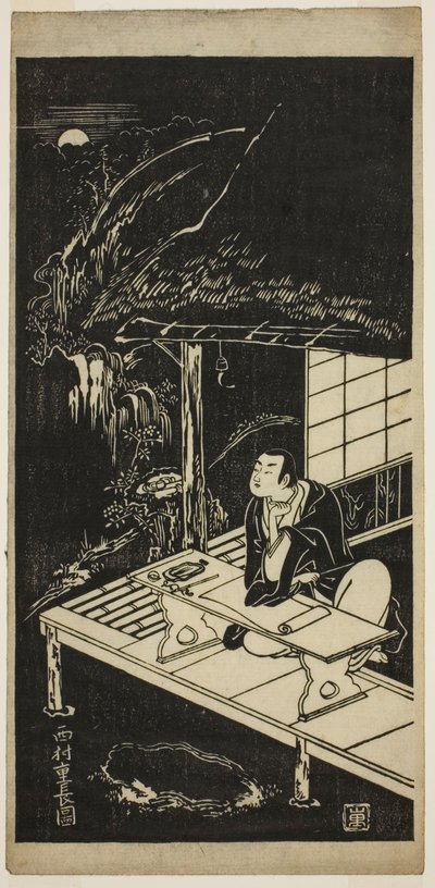 Uomo nella capanna di paglia che osserva la luna da Nishimura Shigenaga