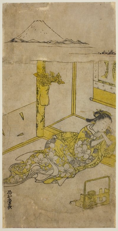 Giovane donna addormentata con il Monte Fuji sopra da Nishimura Shigenaga