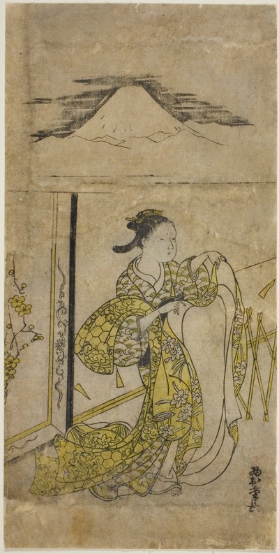 Donna che Tiene un Kimono con il Monte Fuji sopra da Nishimura Shigenaga