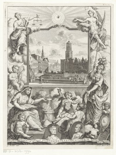 Veduta della città con la Cattedrale di Utrecht e allegoria con la vergine cittadina di Utrecht da Noach van der Meer (I)