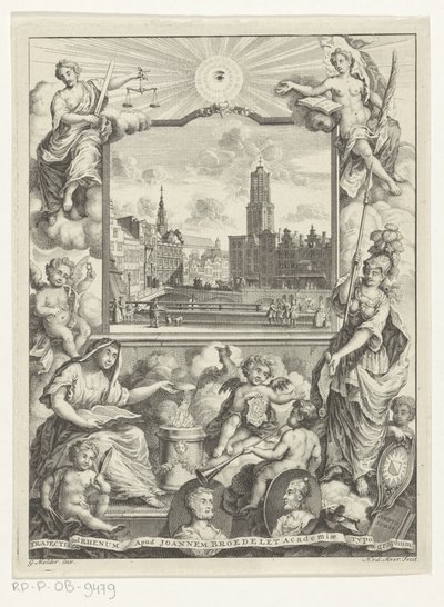 Veduta della città con la cattedrale di Utrecht e allegoria con la vergine cittadina di Utrecht (pagina del titolo per: Elias de Vries, Dissertatio juridica, de jure naturali ac gentium, seu duobus prioribus juris fontibus, 1745) da Noach van der Meer (I)