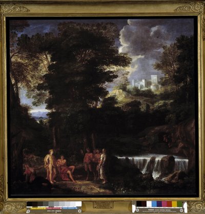 Marsia suona il flauto davanti ad Apollo e Mida. Il satiro sfida il dio Apollo, re della lira, davanti al re Mida e alle Muse da Noël Coypel