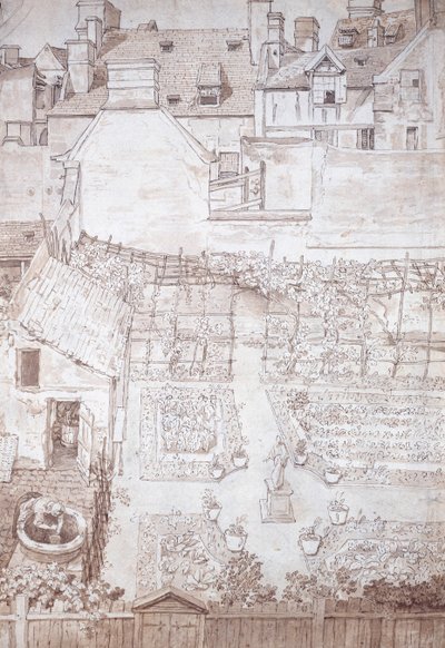 Un giardino di una casa di città, con aiuole e pergolato di viti, chiuso da edifici, c.1677 da Noel Gasselin