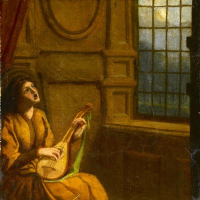 Giovane ragazza che suona il liuto vicino alla finestra, c.1920 da Noel Rooke