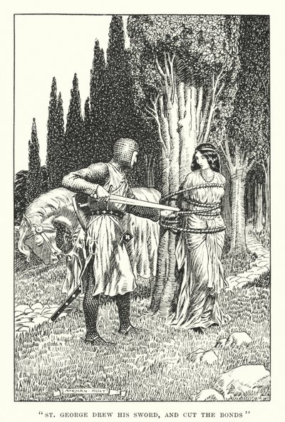 "San Giorgio sguainò la spada e tagliò i legami" (litografia) da Norman Ault