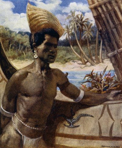 Indigeno di New Georgia con parasole; una sorta di cappello senza corona fatto di erbe, può essere indossato in qualsiasi angolazione da Norman Hardy