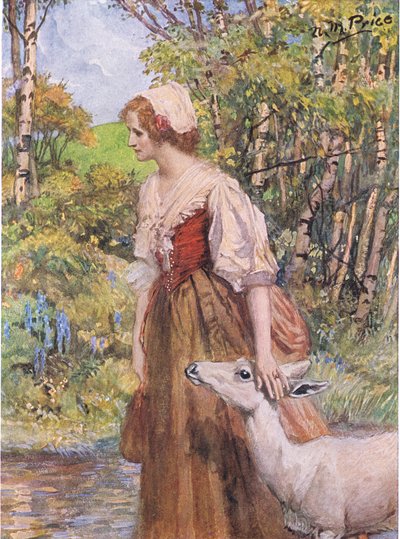 La cerva bianca saltò su e posò la testa nella mano della fanciulla, illustrazione da 