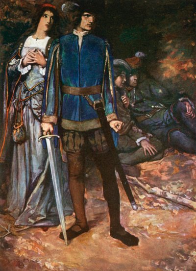Valentino, "Ti sfido a respirare sul mio amore". Due gentiluomini di Verona - Atto V, Scena 4 (litografia a colori) da Norman Mills (after) Price