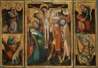 Trittico della Crocifissione con i santi Antonio, Cristoforo, Giacomo e Giorgio, 1400 circa (tempera e olio (stimato) su tavola) da Northern European School