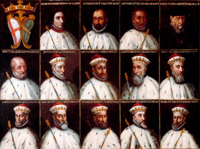 Stemma della Repubblica di Genova e ritratti dei Dogi - Simone Boccanegra, Ottaviano Fregoso e Antoniotto II Adorno; Andrea Doria. Oberto Cattaneo Lazzari, Battista Spinola, Battista Lomellini, Cristoforo Grilaldi Rosso, Giovanni Battista Doria da Northern Italian School