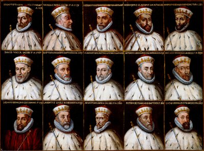 Stemma della Repubblica di Genova e ritratti dei Dogi. Gio. Battista Gentile Pignolo, Nicolò Doria, Gerolamo De Franchi Toso, Gerolamo Chiavari, Ambrogio Di Negro, Davide Vacca (o Vaccari), Battista Negrone, Gio Giustiniani Campi, Antonio Grimaldi da Northern Italian School