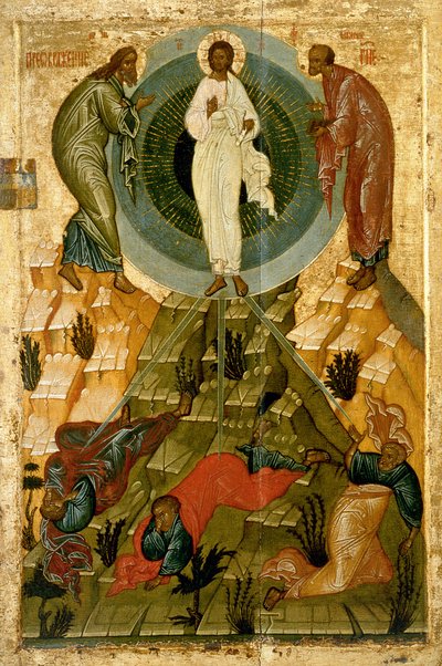 La Trasfigurazione del Signore, icona russa dalla Chiesa della Dormizione della Santa Theotokos nel campo di Volotovo vicino a Novgorod da Novgorod School