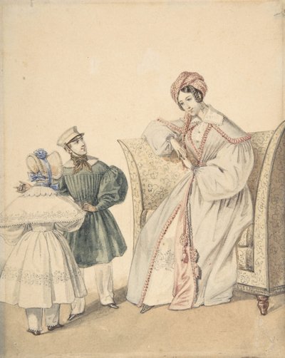 Disegno di Moda con Donna Seduta su una Sedia con un Ragazzo e una Ragazza da Numa Bassaget