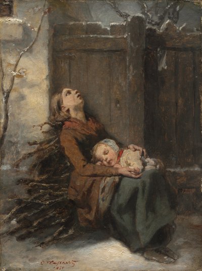 Madre morta indigente che tiene il suo bambino addormentato in inverno, c. 1850 da Octave Tassaert