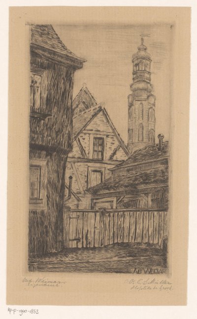 Veduta della città con la torre a Weimar da Octavia Cornelia Suzanna Hofstede de Groot (signed by artist)