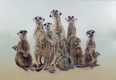 Meerkat mob, sun angels, 2013 (acrilico su legno gesso) da Odile Kidd