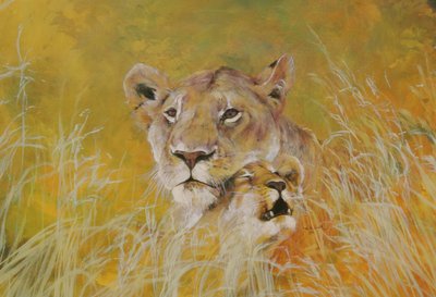 Madre e bambino I (Leoni) 1995 (inchiostri, acrilici e matita su carta) da Odile Kidd