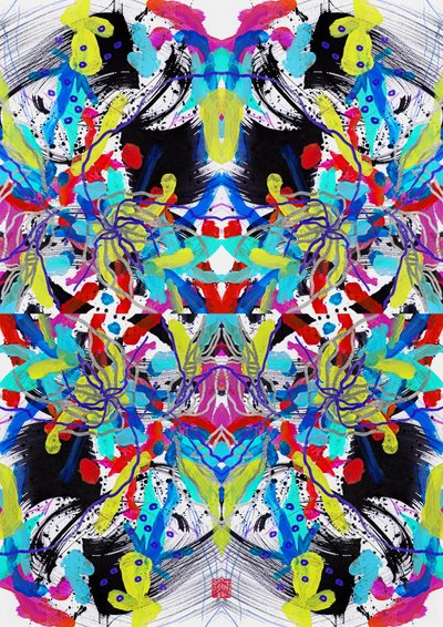 Motivo floreale blu rosso giallo Zen Ink da Odilia W. Y. Fu