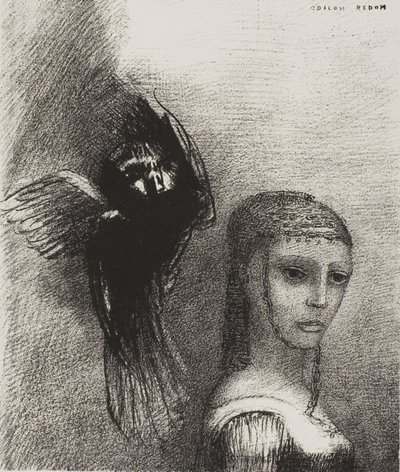 E un grande uccello, scendendo dal cielo, si lancia contro la punta più alta dei suoi capelli, tavola 3 di 10 da Odilon Redon