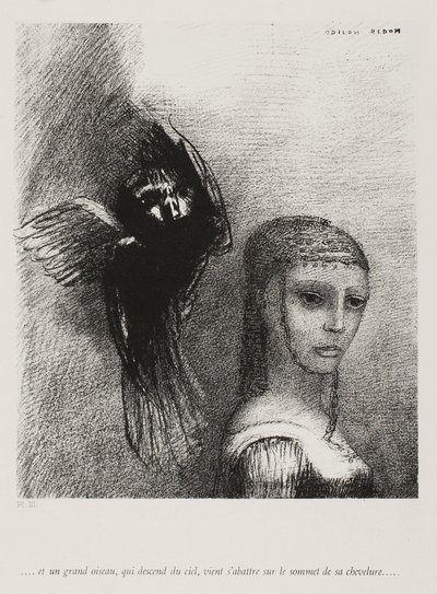 E un grande uccello, discendendo dal cielo, si scaglia contro la punta più alta dei suoi capelli, tavola 3 di 10, 1888 da Odilon Redon