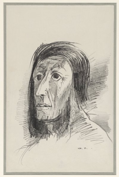 Testa incorniciata da capelli neri con occhi spalancati da Odilon Redon